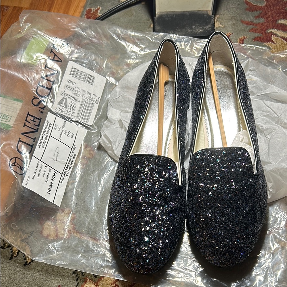 NIB Lands’ End big girls 7.  Black multi sparkle venecian flats  Mary Jane’s